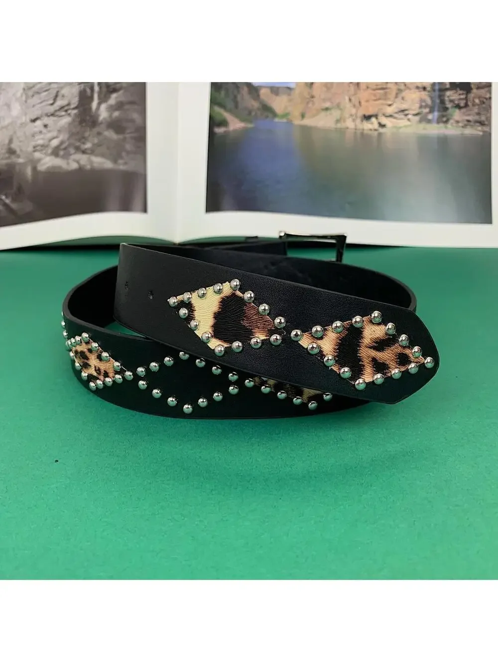 Vintage Y2K style Cheetah Print Studded Black Belt. 39 inches fits a 26-34